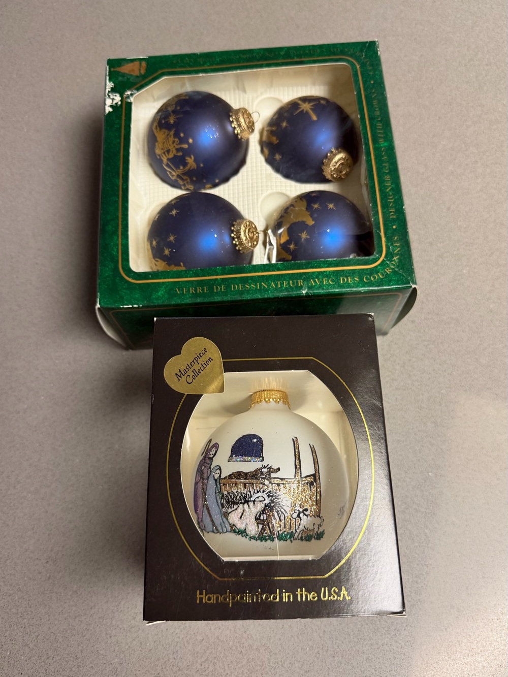 Handpainted Holiday Ornament Set - Navy Blue and White Festive Baubles